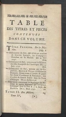 Table des titres et pieces