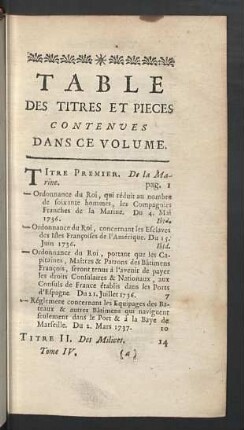 Table des titres et pieces