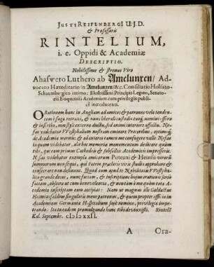 Justi Reifenbergi[i] [...] Rintelium, i.e. Oppidi & Academiæ Descriptio [...]