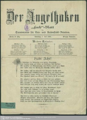 Der Angelhaken : & Fach&; -Blatt des Turnvereins für Neu- und Antonstadt - Dresden; Sonntag, 7. Juli 1889