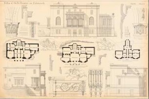 Villa Dr. Fritz Reuter, Eisenach: Vorderansicht, Ansichten Speisezimmerseite und Schlafzimmerseite, Grundrisse EG, Hauptgeschoss, DG, Details (aus: Entwürfe von Bohnstedt, Heft I-VIII, 1875-1877)