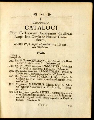 I. Continuatio Catalogi Dnn. Collegarum Academiae Caesarae Leopoldino-Carolinae Naturae Curiosorum