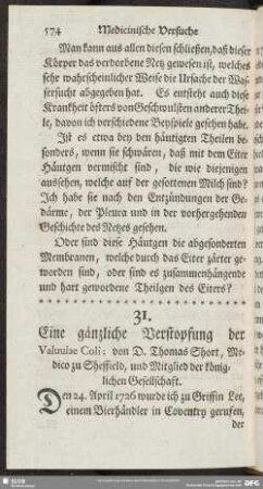 Eine gäntzliche Verstopfung der Valuulae Coli