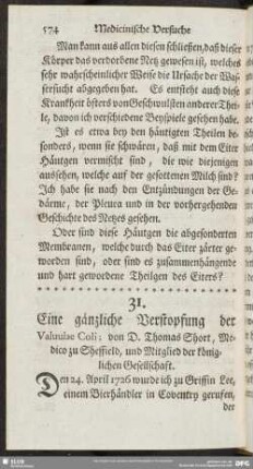 Eine gäntzliche Verstopfung der Valuulae Coli