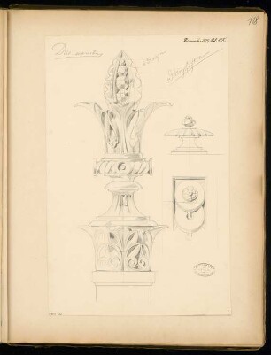 Grabdenkmal für Geheimrat Koch, Thale Monatskonkurrenz November 1877: Details Einfriedungsgitter: Pfosten (1:1)
