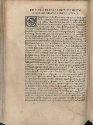 Ex Libris Petri Criniti De Histo Ricis Ac Oratoribvs Latinis.