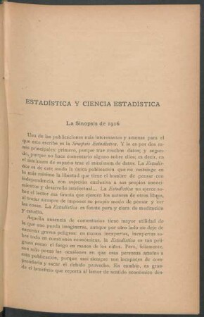Estadística y Ciencia Estadística : La Sinopsis de 1916