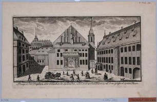 Die alte Sophienkirche in Dresden mit dem Goldenen Tor (Renaissancetor bis 1737 an der Schlosskapelle) am Westportal und den umliegenden Klostergebäuden, Teil einer Reihe Dresdner und sächsischer Ansichten von Schlitterlau um 1770