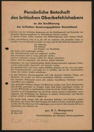 Persönliche Botschaft des britischen Oberbefehlshabers an die Bevölkerung des britischen Besatzungsgebietes Deutschland