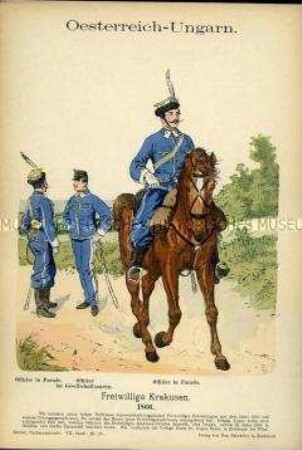 Uniformdarstellung, Offiziere des Krakusischen Freiwilligen-Reiter-Regiments, Kaiserreich Österreich-Ungarn, 1866.
