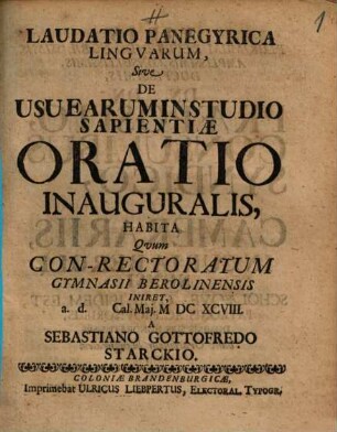 Laudatio panegyrica linguarum, sive de usu earum in studio sapientiae