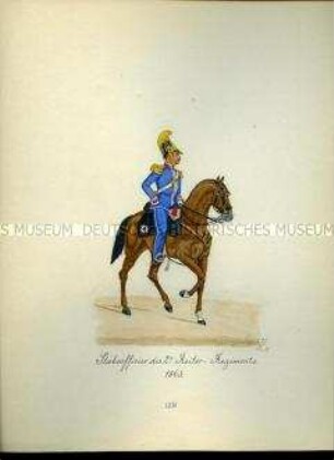Uniformdarstellung, Stabsoffizier des 2. Reiter-Regiments zu Pferd, 1863. Aus: Sammelmappe "Sachsens Militär", Königliche Arsenalsammlung.