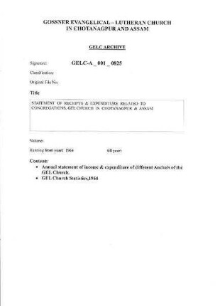 Statements of Receipts & Expenditure related to Congregations, GEL CHURCH