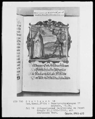 Flugschrift mit Illustrationen aus den Papstprophezeiungen mit antipäpstlichen Spottversen — Allegorische Darstellung zu Papst Gregor 11. (1370-1378), Folio 18recto