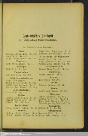 Berufsklassen und Gewerbebetriebe : Alphabetisches Verzeichniß der selbstständigen Gewerbetreibenden