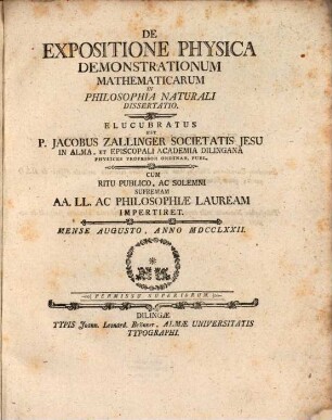 De Expositione Physica Demonstrationum Mathematicarum In Philosophia Naturali Dissertatio
