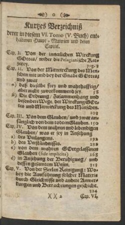 Kurtzes Verzeichniß derer in diesem VI. Tomo (V. Buch) enthaltenen Haupt-Materien und deren Capitel