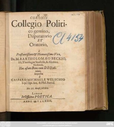 Coronis Collegio Politico gemino Disputatorio Et oratorio