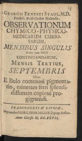 Mensis Tertius, Septembris sistens E Bolo communi pigmentario, mineram ferri splendissimam copiose progignendi.