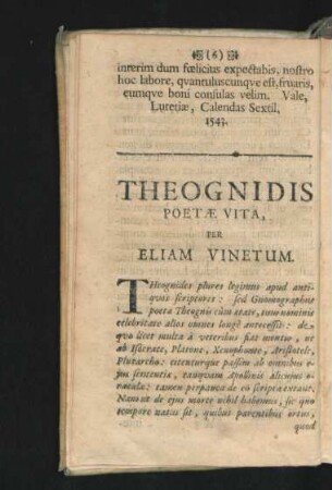Theognidis Poetae Vita, Per eliam Vinetum.