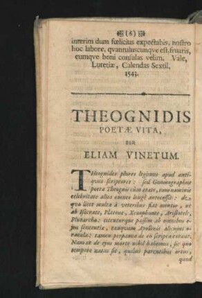 Theognidis Poetae Vita, Per eliam Vinetum.