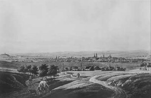 Blick auf Dresden von der Räcknitzer Höhe (im Vordergrund das Dorf Räcknitz, rechts davor das Moreau-Denkmal)Bautzner Straße
