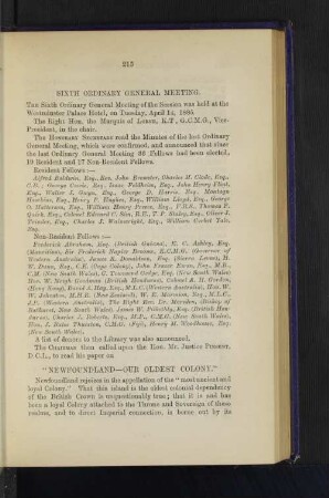 Sixth Ordinary General Meeting: Newfoundland - Our Oldest Colony. By Hon. Mr. Justice Pinsent, D.C.L.