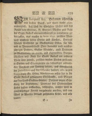 WIR Leopold &c. Bekennen öffentlich mit diesem Brieff, ...
