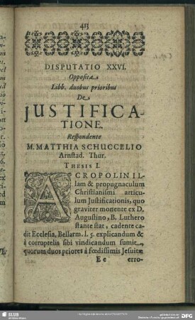 Disputatio XXVI. Opposita. Libb. duobus prioribus De Justificatione