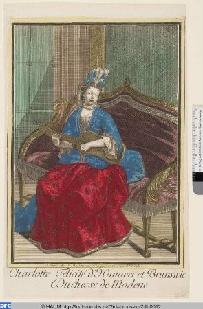 Charlotte Felicitas, Herzogin von Braunschweig-Lüneburg, sitzend mit Laute