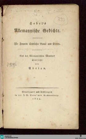 Hebel's Allemannische Gedichte : für Freunde ländlicher Natur und Sitten