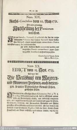 Num. XIX. Raths-Conclusum vom. 10. May 1731. Die außerordentliche Austheilung der Paemiorum betreffend