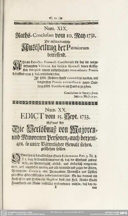 Num. XIX. Raths-Conclusum vom. 10. May 1731. Die außerordentliche Austheilung der Paemiorum betreffend