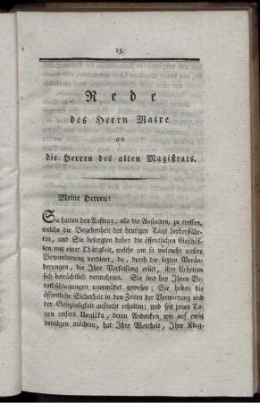 Rede des Herrn Maire an die Herren des alten Magistrats.