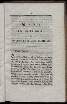 Rede des Herrn Maire an die Herren des alten Magistrats.