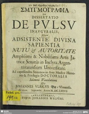 Smygmographia Seu Dissertatio De Pulsu Inauguralis