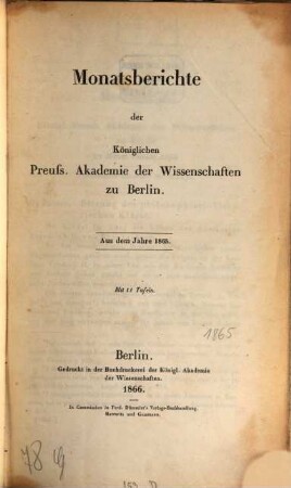 Monatsbericht der Königlich Preussischen Akademie der Wissenschaften zu Berlin. 1865