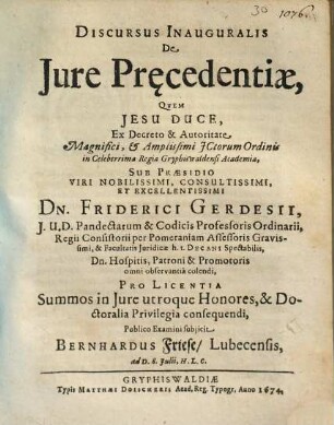 Discursus Inauguralis De Iure Precedentiae