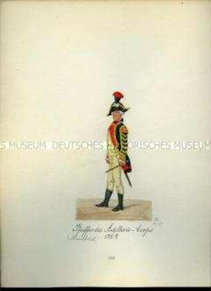 Uniformdarstellung, Pfeiffer des Artillerie-Korps, 1764. Aus: Sammelmappe "Sachsens Militär", Königliche Arsenalsammlung.