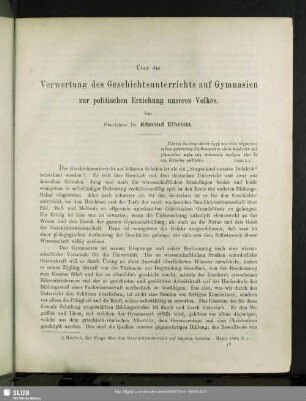 Über die Verwertung des Geschichtsunterrichts auf Gymnasien zur politischen Erziehung unseres Volkes