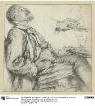 Mann am Tisch sitzend, nach rechts, Kopf zurückgelehnt, nach oben blickend sowie Handstudie
