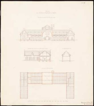 Schloss Koppitz Pferdestall: Grundriss Dachbalkenlage, 3 Schnitte, Maßstabsleiste (Fuß)