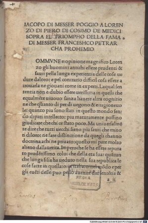 Sopra il Trionfo della fama di Francesco Petrarca : mit Widmungsvorrede und Gedicht des Autors an Lorenzo de' Medici