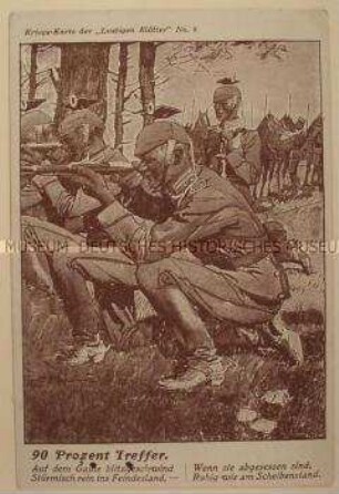 Kriegspostkarte aus den "Lustigen Blättern. 90 Prozent Treffer", geschrieben von Max Schulze an Ida Thiele; Berlin, 31. Jan. 1915