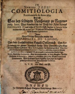 Comitiologia Ratisbonensis : de anno 1654