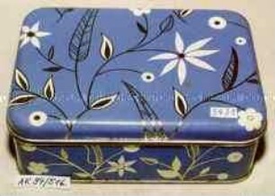 Blechdose für Gebäck (auf Boden: H. BAHLSENS KEKSFABRIK K.G. HANNOVER - Abbildung floraler Ornamente auf blauem Fond)