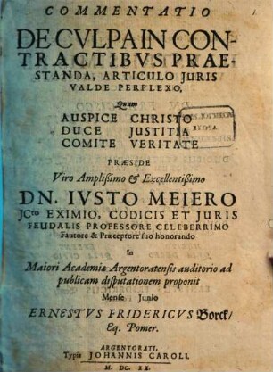 Commentatio de culpa in contractibus praestanda, articulo iuris valde perplexo
