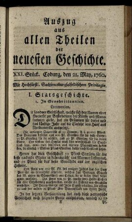 XXI. Stück. Coburg, den 21. May, 1760.