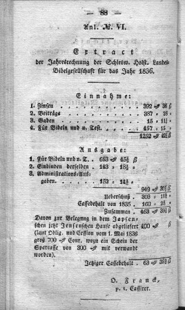 Anl. No. VI. Extract der Jahresrechnung der Schlesw. Holst. Landes=Bibelgesellschaft für das Jahr 1836.