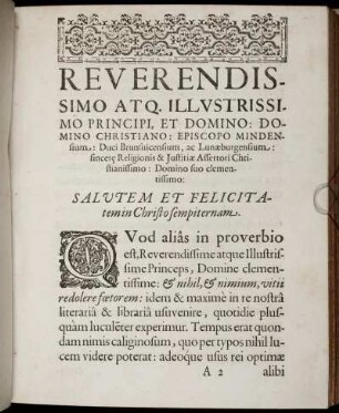 Reverendissimo At Q.Illustrissimo Principi, Et Domino: Domino Christiano: ... Salutem Et Felicitatemin Christo sempiternam.
